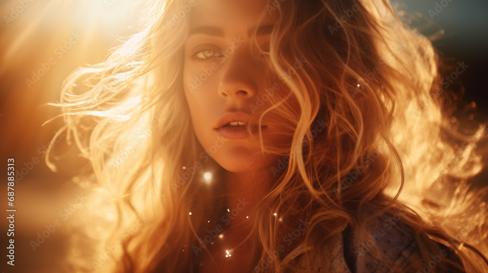 Woman with golden light flare with realistic glowing glare effect, Capturing essence of bright sparkle and lens glints, AI Generated