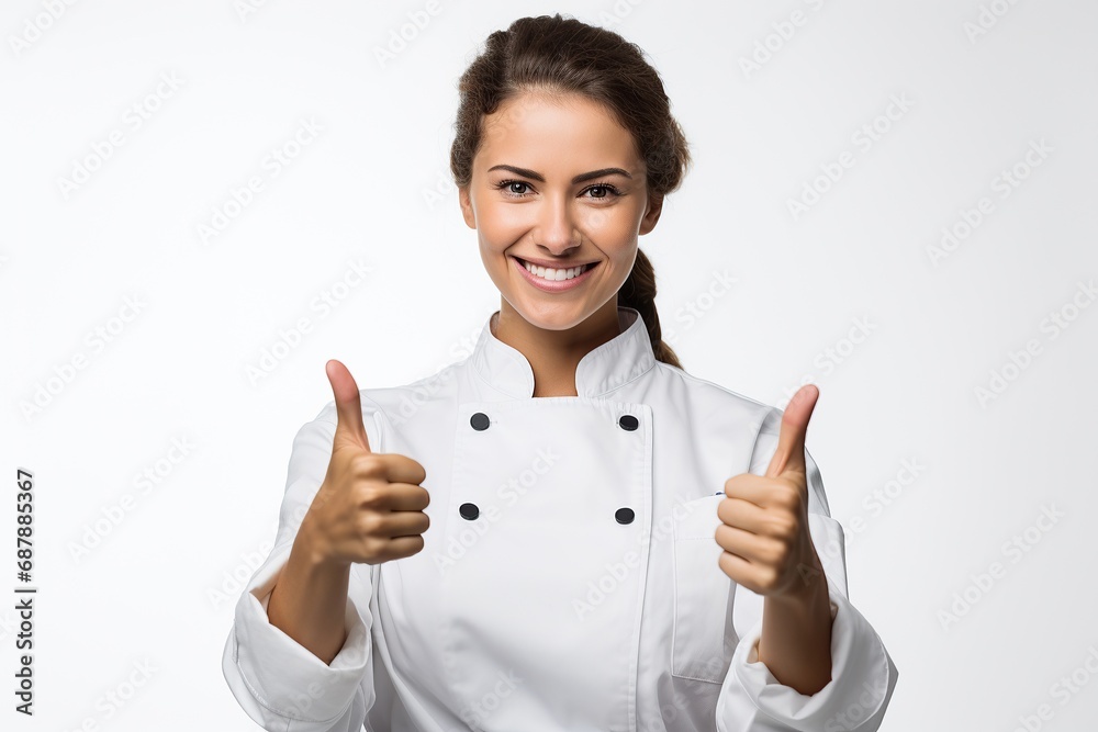 cooking, gesture and food concept - smiling female chef, cook or baker showing thumbs up cooking, gesture and food concept - smiling female chef, cook or baker showing thumbs up