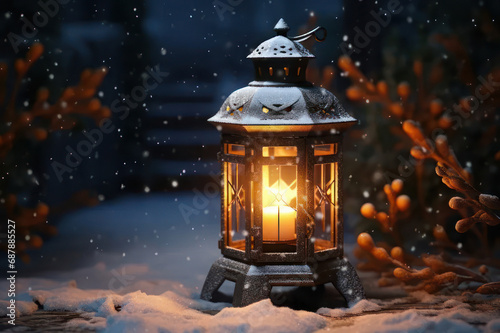 Lantern with a candle on the snow in the forest. Snow falls. AI generative. © Iaroslav