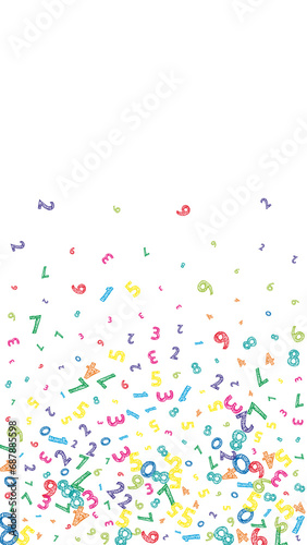Falling colorful messy numbers. Math study concept with flying digits. Delicate back to school mathematics banner on white background. Falling numbers illustration.