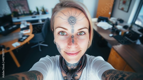 Creative Tattooed Woman in Home Office