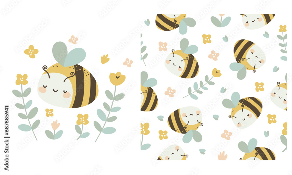 Obraz premium Vector set for printing on children's products. Print for printing. Cute bee with flowers, seamless vector pattern . Vector illustration