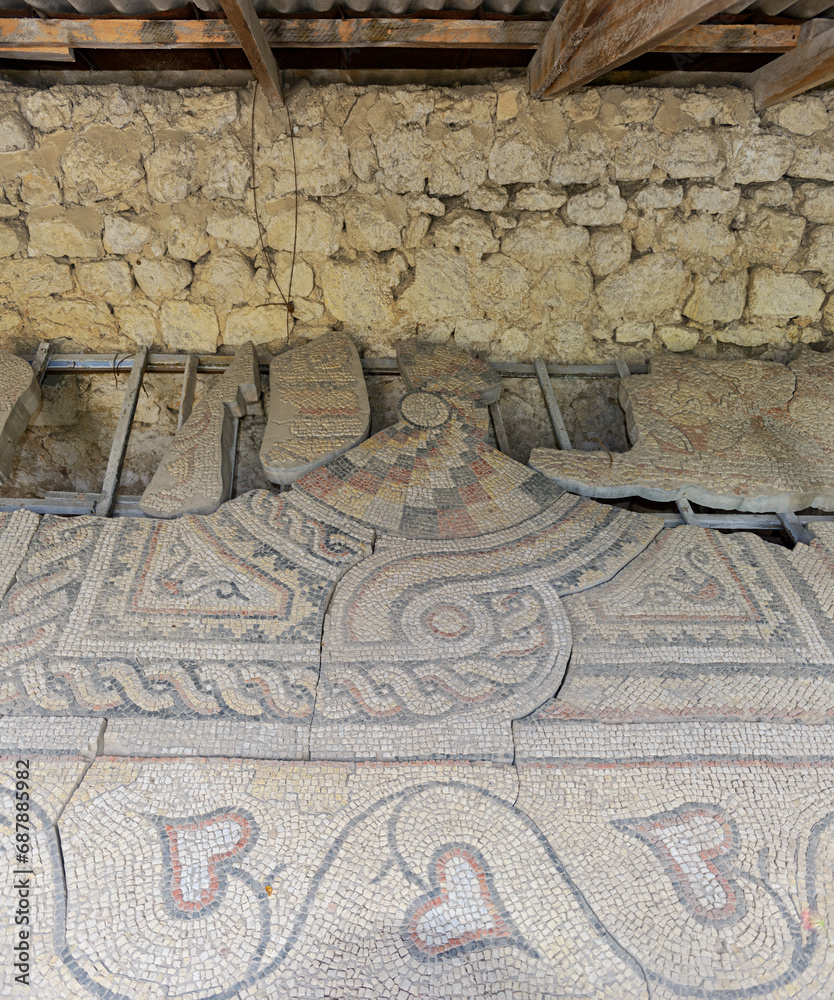 Parts of ancient mosaic floor from Chersonesus ruins, Sevastopol, Crimea.