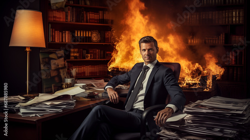 An elegant quiet man posing while the office is burning.