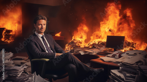 An elegant quiet man posing while the office is burning.