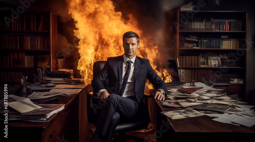 An elegant quiet man posing while the office is burning. photo