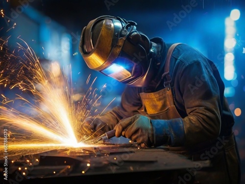 welder is welding metal , industry them bokeh and sparkle background