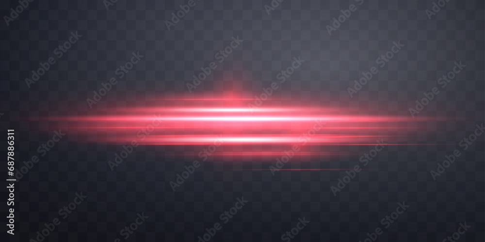 Red horizontal lensflare. Light flash with rays or spotlight and bokeh. Red glow flare light effect. Vector illustration. Isolated on dark transparent background. - obrazy, fototapety, plakaty 