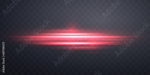 Red horizontal lensflare. Light flash with rays or spotlight and bokeh. Red glow flare light effect. Vector illustration. Isolated on dark transparent background.