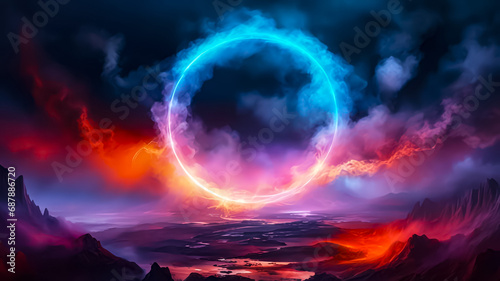 A cosmic landscape with a neon circle and smoke. Multicolored paints. Dark background. Fantasy. AI   © IM_VISUAL_ARTIST
