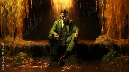 AI generated illustration of a sinful man in a green suit in the rain photo