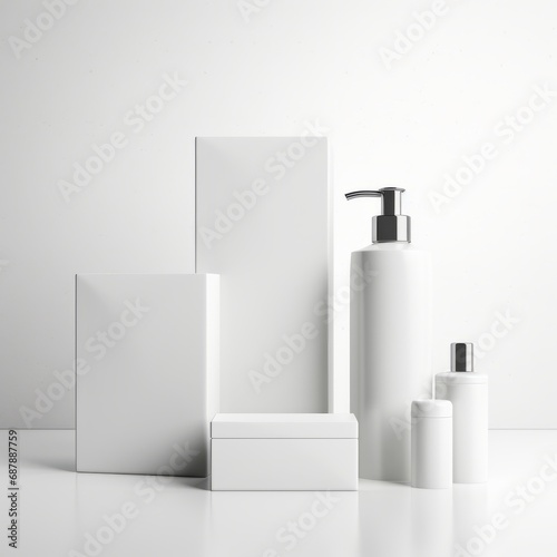 Blank cosmetic packaging mockup, tubes, bottle and face serum Cosmetics products mockup on white background photo
