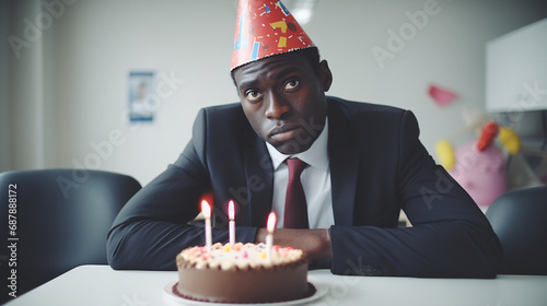 Sad alone man celebrate birthday on his working place.