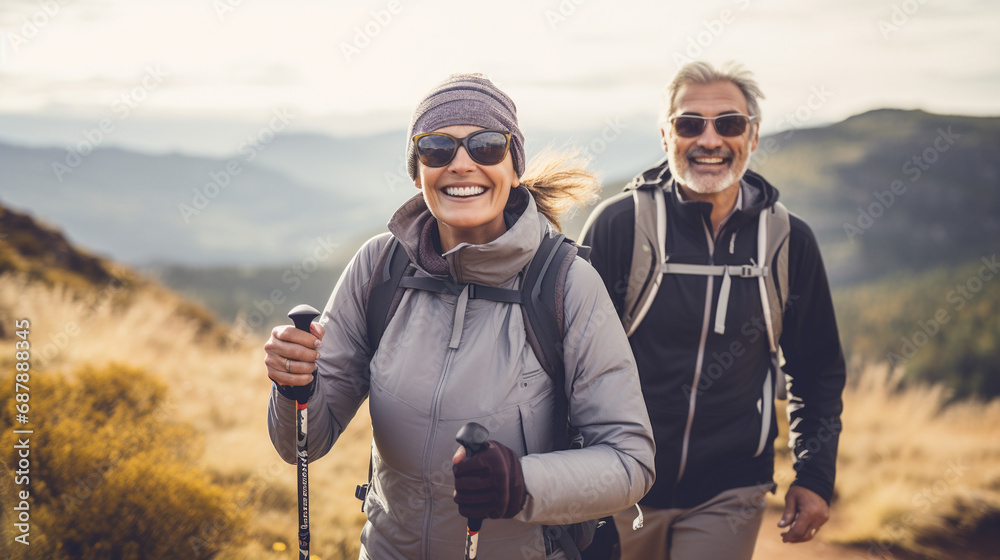 Middle age couple hiking together, nordic walking.  - obrazy, fototapety, plakaty 
