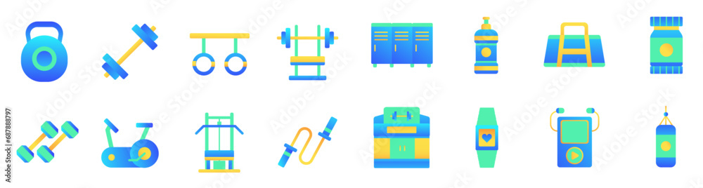 Set of fitness gym icons. Fitness gym equipment icons. Set of fitness gym icons. Fitness gym equipment icons.