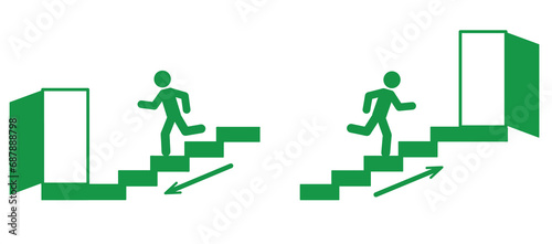 a set of flat emergency exit signs, go up the stairs, go down the stairs, a person runs down the stairs to the emergency exit