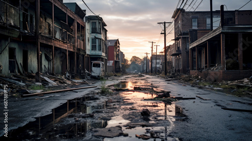 Abandoned street in the city on a rainy evening