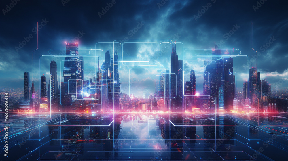 Urban skyline with neon lighting and space-themed elements reflecting futuristic technology concept, AI Generated