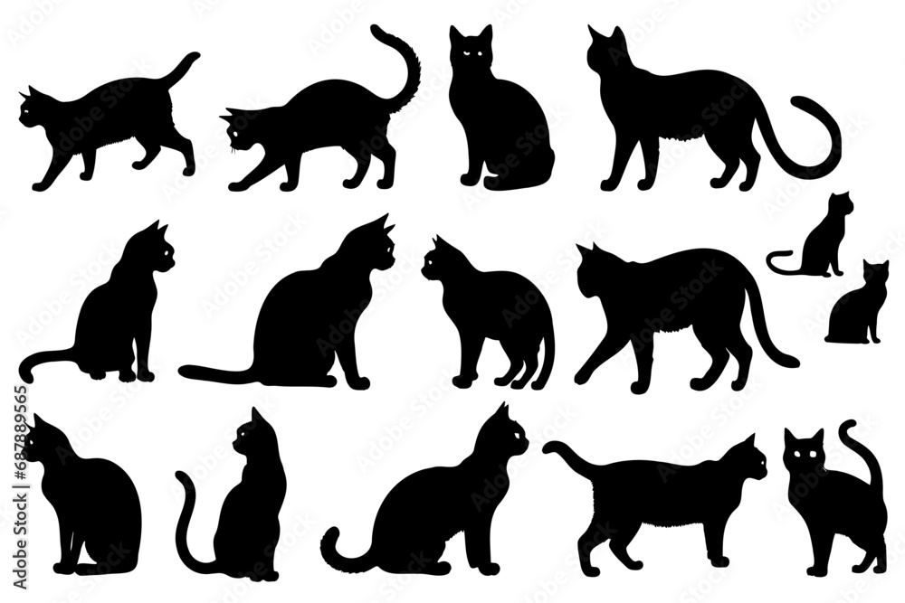 Set of silhouettes of different poses of cats, isolated on a white background, vector illustration