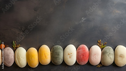 The colorful mochi Japanese rice dessert, top view flat lay arrangement copy space