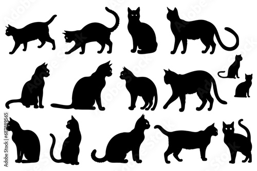 Set of silhouettes of different poses of cats  isolated on a white background  vector illustration