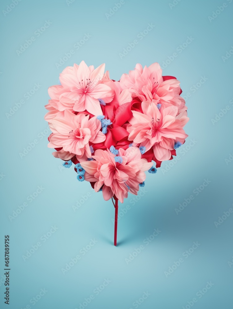 Obraz premium Valentine's day romantic background. Heart shaped bouquet of pink flowers. Ai generated image