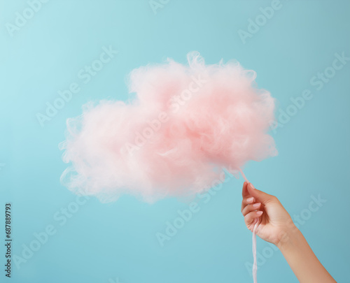 Female hand holding a pink cotton cloud against light blue background. Dreams, hopes copy space background.