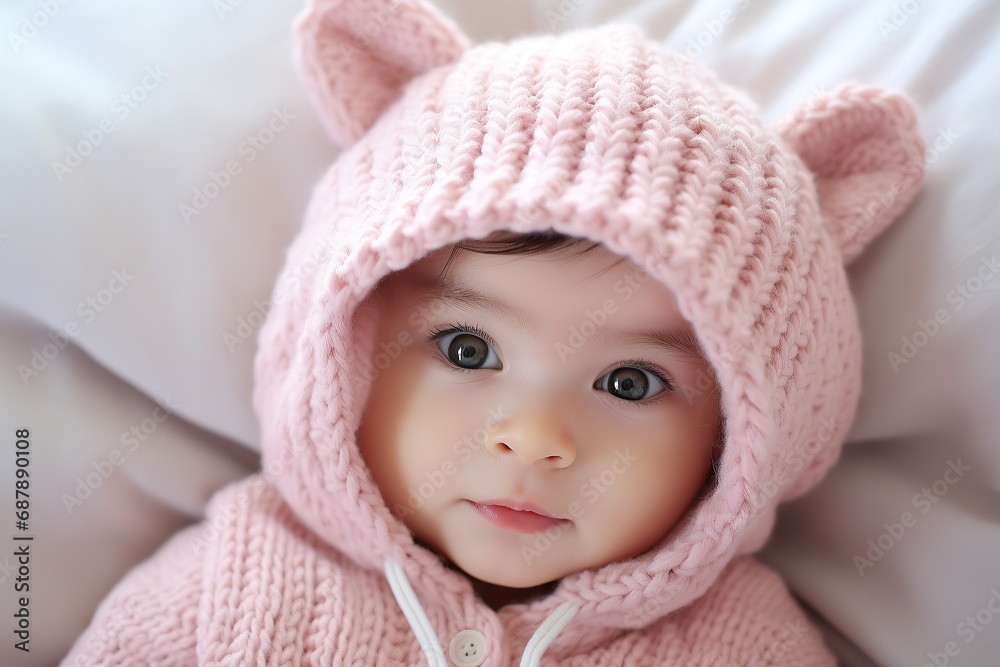 newborn baby with a pink knitted hat. newborn baby with a pink knitted hat.