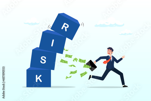 Businessman investor run away from risk collapsing box, risk averse, avoid or minimise risk, run away from uncertainty, fear or safety decision for investment, prefer security or stability (Vector) photo