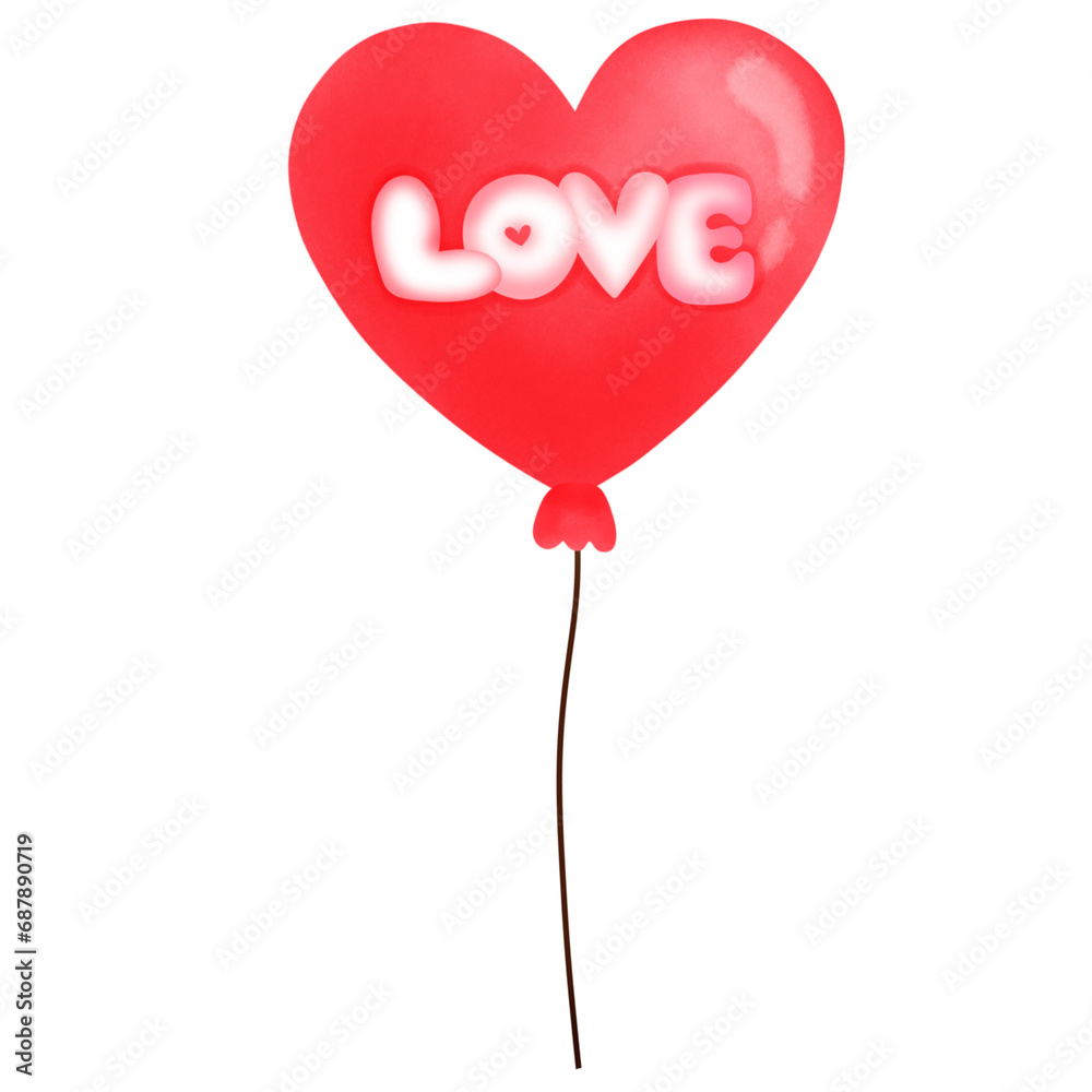 Red balloons have the word love.