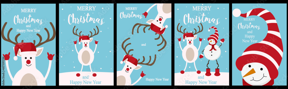 Set Christmas greeting card cover design. Christmas background with Cartoon Reindeer in cute hat. XMAS banner template. Vector illustration can used web site, brochure, poster, social media and print.