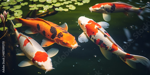 A serene koi fish swimming in a tranquil pond .Pond Serenity, Graceful Koi Swimming in a Calm Oasis Koi Elegance, The Poise of a Serene Fish in Tranquil Waters .
