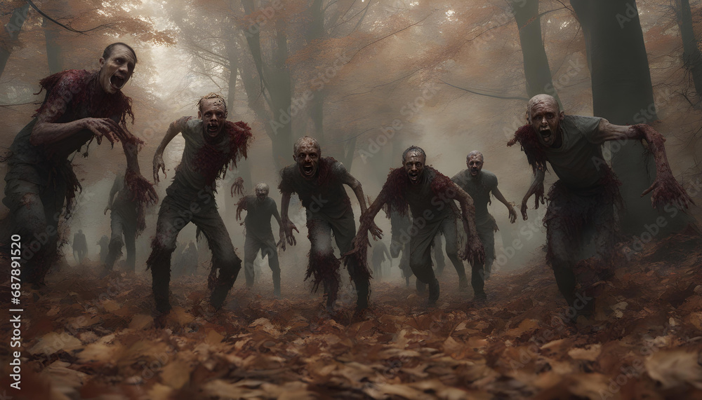 A horde of zombies running through an autumnal forest