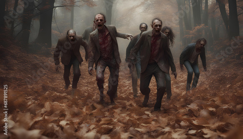 A horde of zombies running through an autumnal forest