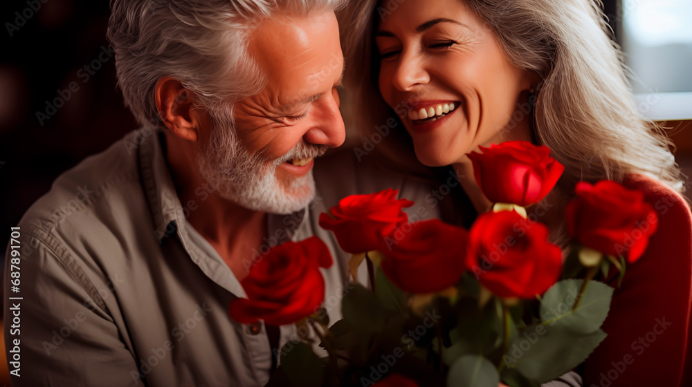 Elderly couple enjoying Valentine's Day with red roses.
Elderly couple enjoying Valentine's Day with red roses.