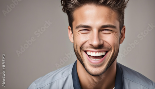 A professional portrait studio photo of a handsome young white american male model with perfect clean teeth laughing and smiling. isolated on a white background.
