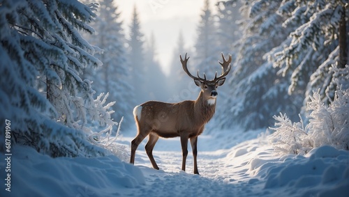 A fabulous daytime forest covered with snow. A beautiful deer in the background. A snow-covered trail, pines, firs, snowdrifts. Predominantly white, blue colors. Winter background. Natural landscape.