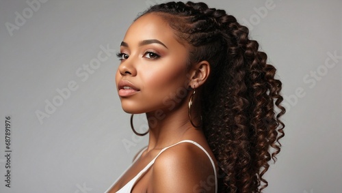 A beautiful black african american woman with a perfect clean face and curly long braids. 3/4 side view. Natural beauty. Light background.