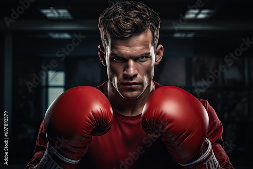 Courageous male boxer in red gloves on a dark background. Close-up portrait of a strong fighter ready for battle.