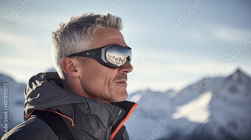 Old man in ski goggles and equipment looks to the side against the backdrop of a sunny winter mountain landscape © photolas