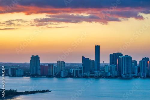 Sunset aerial view of Miami from helicopter, Florida