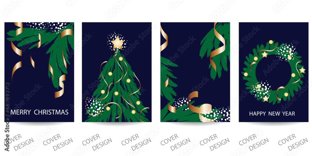 Christmas and New Year greeting card set. Hand-drawn Christmas tree, branches, wreath with tinsel and snow on a dark blue background.Vector design for covers, posters.