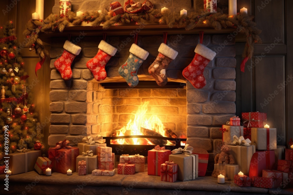 Christmas stockings for gifts hang on a burning fireplace in a cozy room decorated for the New Year celebration.