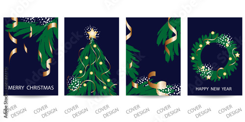 Wallpaper Mural Christmas and New Year greeting card set. Hand-drawn Christmas tree, branches, wreath with tinsel and snow on a dark blue background.Vector design for covers, posters. Torontodigital.ca