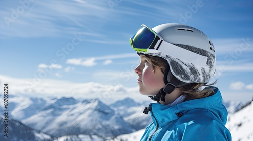 A boy child in ski goggles and equipment looks to the side against the backdrop of a sunny winter mountain landscape