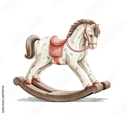 Watercolor vintage  cute Christmas toy rocking horse animal isolated on white background. Hand drawn illustration sketch