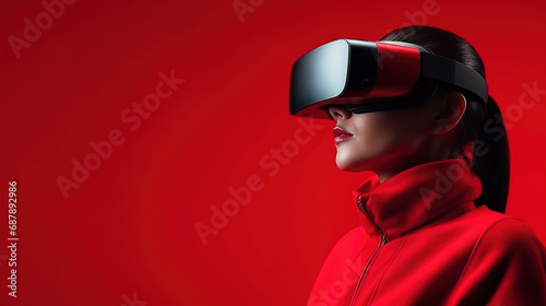 A woman wearing VR headset user, empty plain background, with empty copy space © Uwe