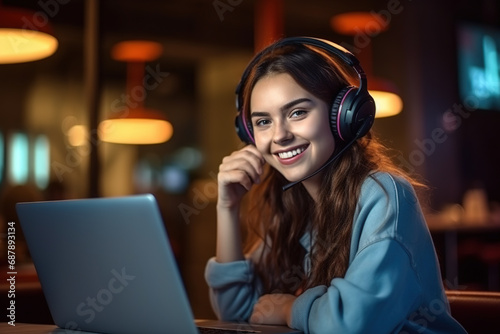 Attractive young girl with headset working on laptop, studying from a distance, watching online course or having a conference video call at cafe. Looking at camera.