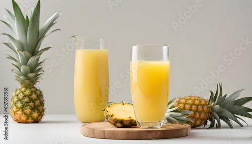 A glass of healthy pineapple juice on a white background. A pineapple for decoration.