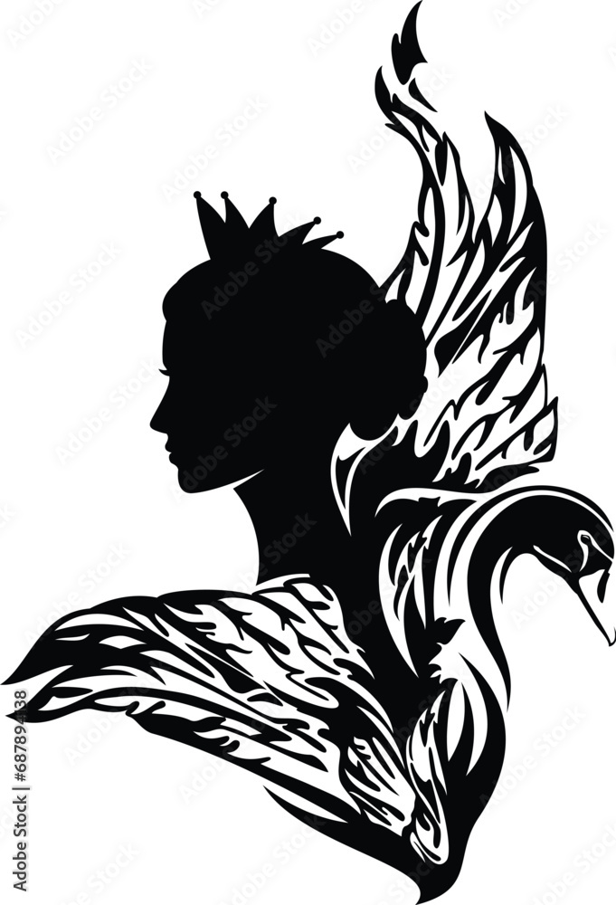 black vector silhouette head portrait of fairy tale princess with her magic swan bird black vector silhouette head portrait of fairy tale princess with her magic swan bird